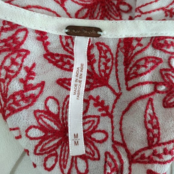 Free People White Chiffon Red Embroidered V Neck Boho Tunic Top - Picture 9 of 16